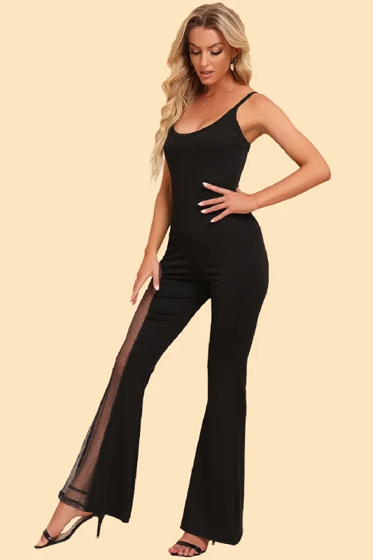 Spliced Mesh Spaghetti Strap Jumpsuit Classic Women's Tweed