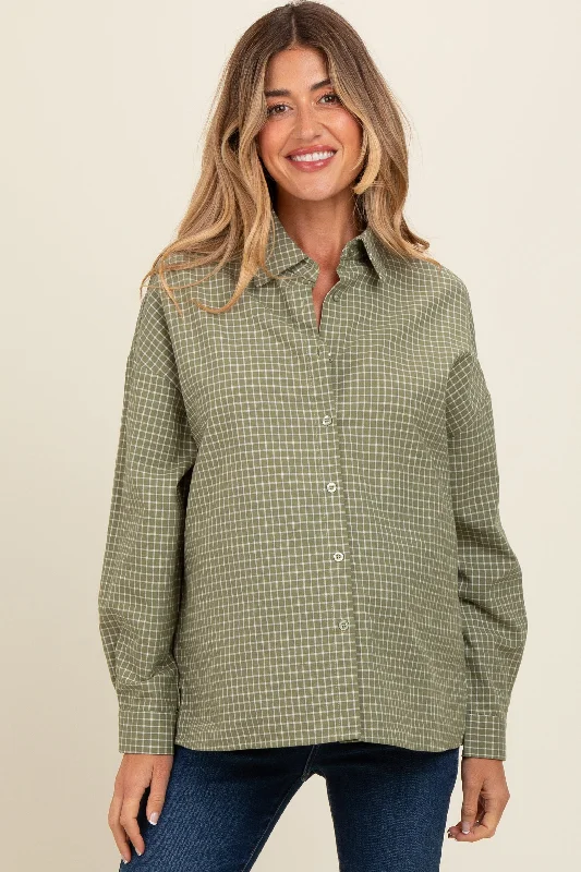 Olive Checker Plaid Button Down Maternity Shirt Monochromatic All - in - one