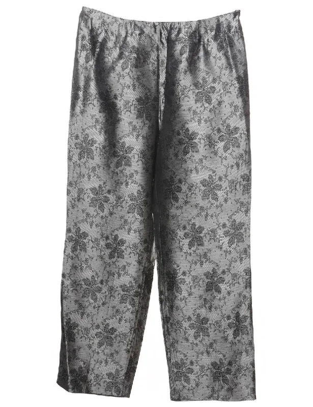 Floral Design Black & Silver Shiny Lace Trousers - W32 L32 Monochromatic All - in - one