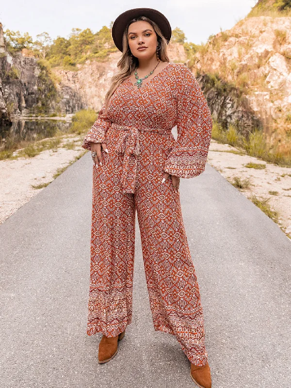 Plus Size Printed V-Neck Tie Front Balloon Sleeve Jumpsuit Sporty Women's Tennis