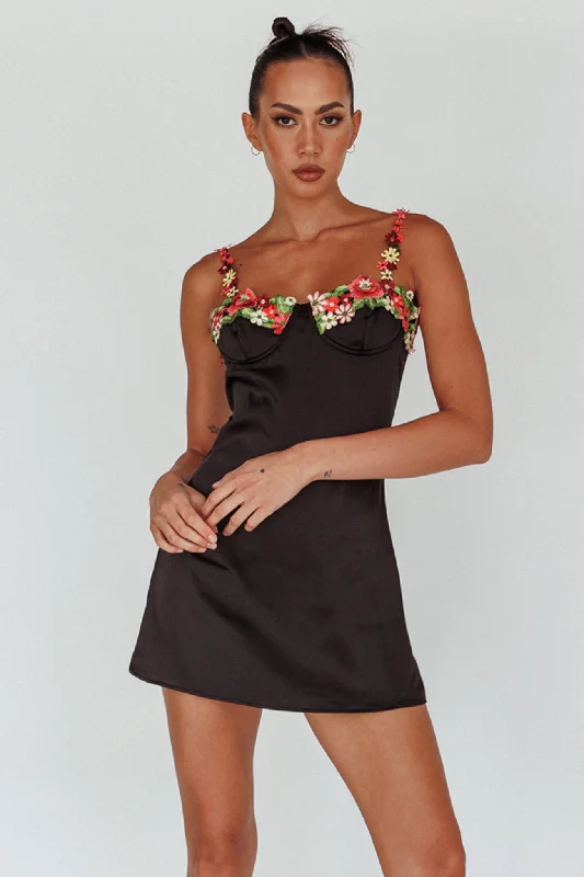 Izolda Floral Applique Mini Dress Black Tough Women's Military - inspired