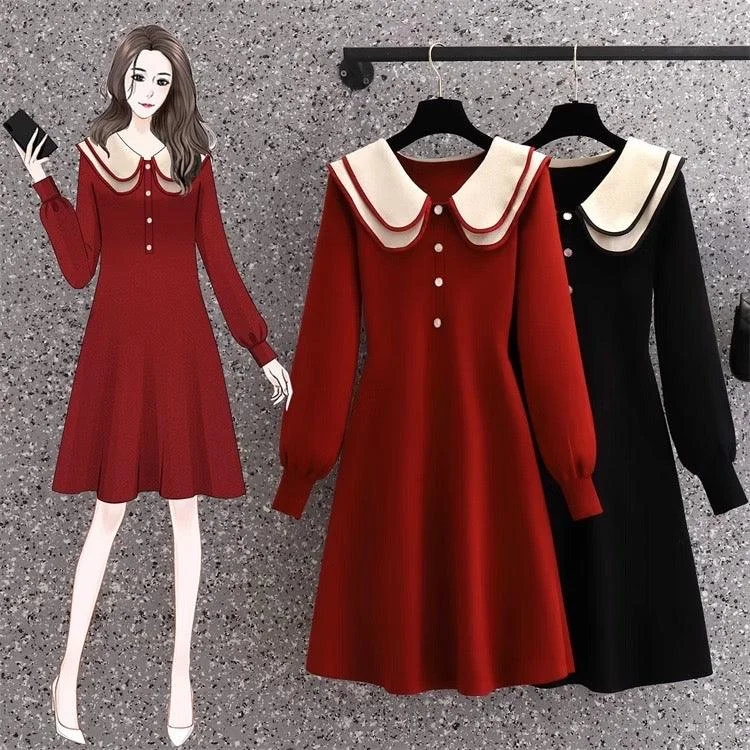 Jasper Doll Collar Knitted Dress Hip Women's Retro