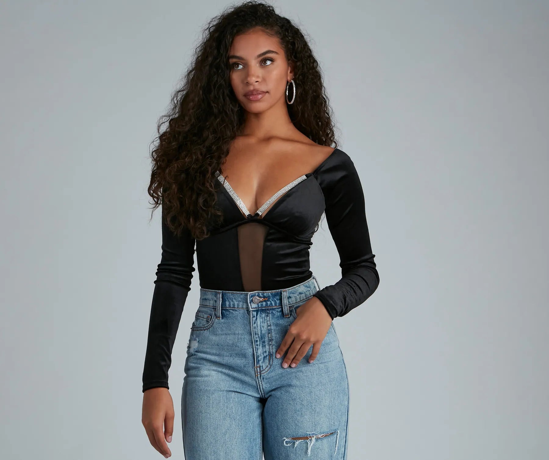 Holiday Shine Velvet Rhinestone Trim Bodysuit Women