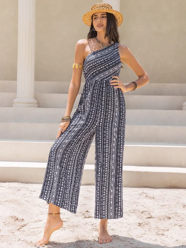 Printed Single Shoulder Sleeveless Jumpsuit Traditional Women's 