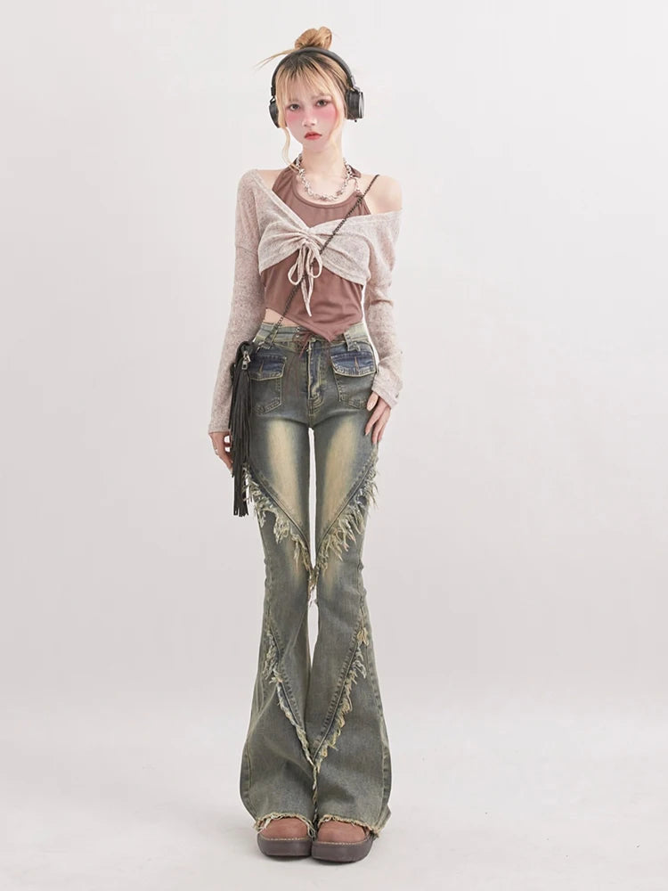 Soft Grunge Tasseled Flare Jeans Feminine Women's Soft 