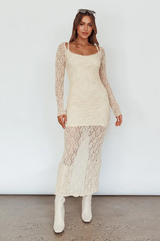 Happy Place Long Sleeve Crochet Midi Dress Beige Hip Women's Retro