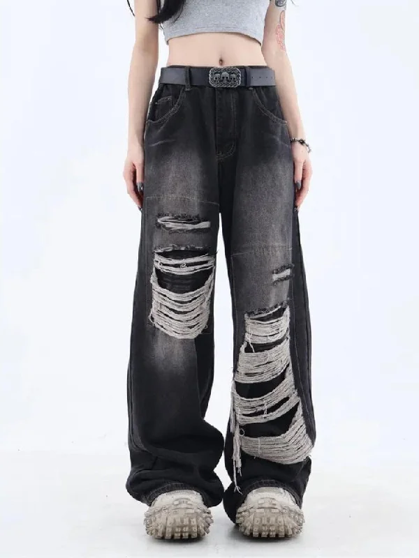 Grunge Dark Wash Distressed Jeans Youthful Women's Anime - inspired