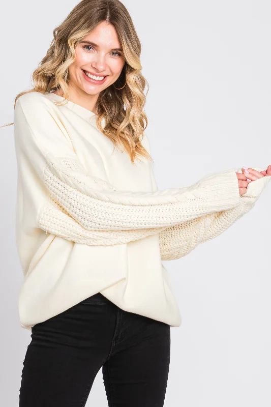 Cream Cable Knit Sleeve Sweater Cool Women's Distressed