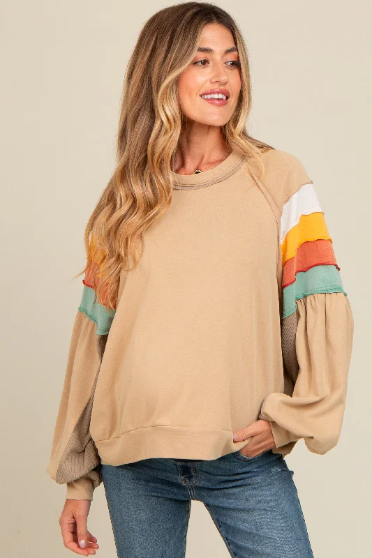 Beige Colorblock Bubble Sleeve Maternity Pullover Gym