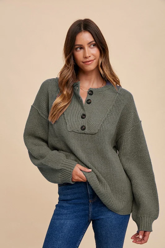 Olive Front Button Knit Sweater Elegant Women's 