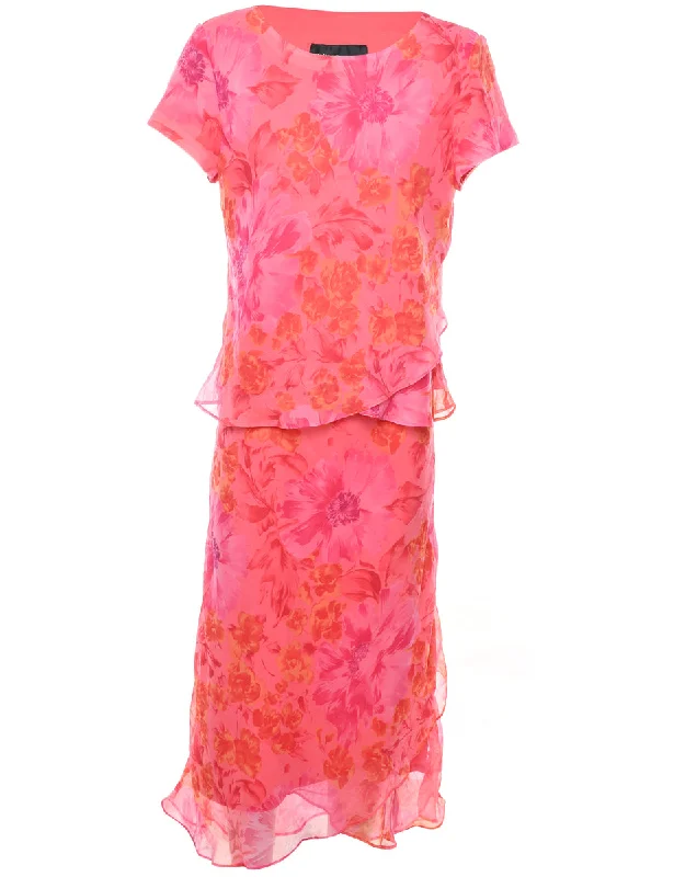 Floral Print Orange & Pink Patterned Top & Skirt Set - L Classic Women's Tweed