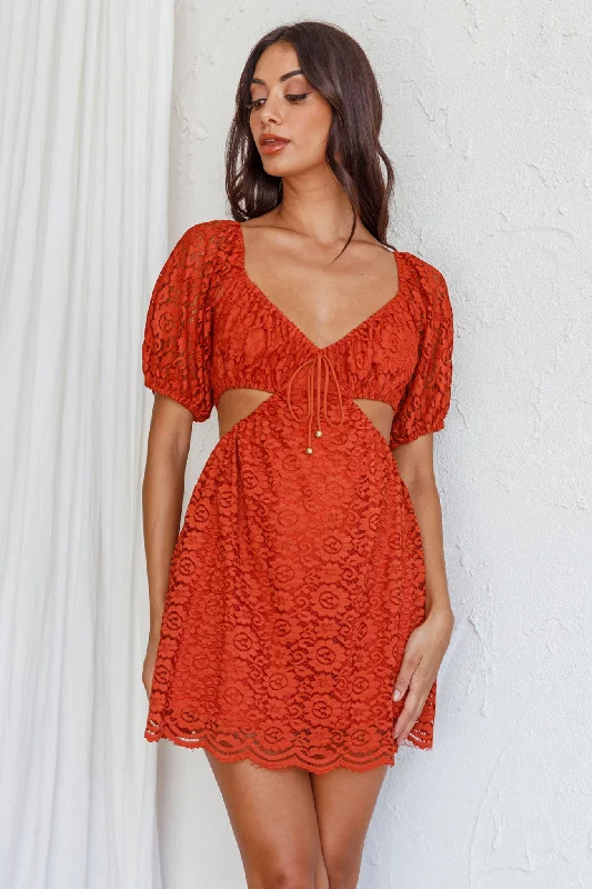 Feelin' Good Cut-Out Waist Lace Dress Rust Bold Women's Statement