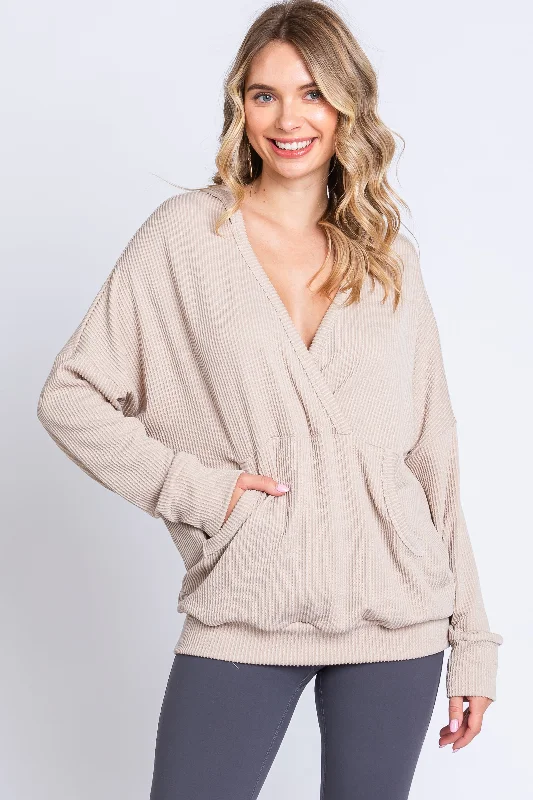 Cream Ribbed Hooded Wrap Long Sleeve Top Dapper Women's Bow - adorned