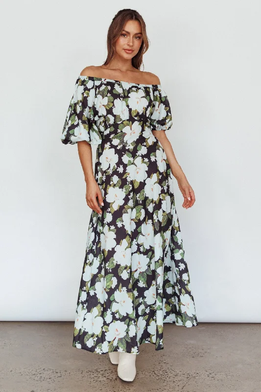 Momentum Off Shoulder Maxi Dress Floral Black Modern Women's 