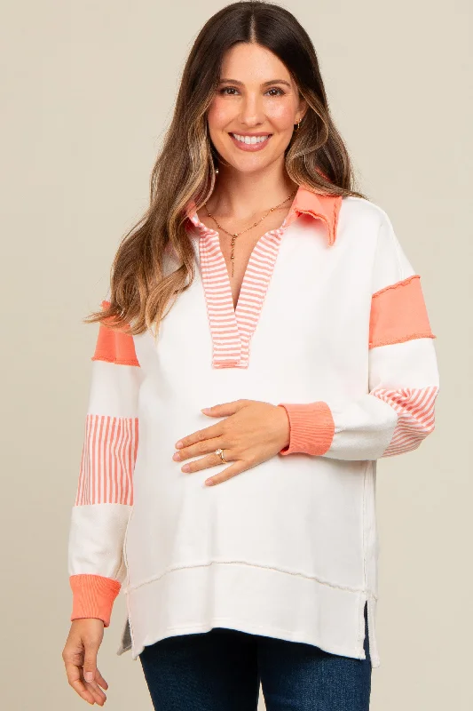 Salmon Striped Colorblock Maternity Polo Top Sustainable Organic