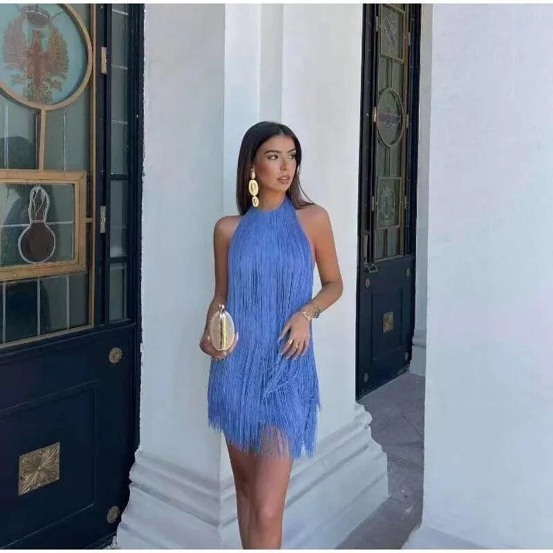 Blue Hue Tasseled Statement Dress Feminine Women's Style 