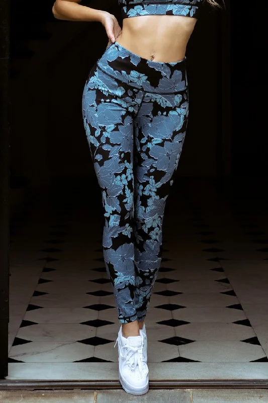 Blue Floral Printed Leggings British Gentlewoman Style