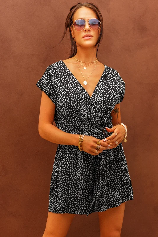 Printed Short Sleeve Romper with Belt Minimalist Women's Casual