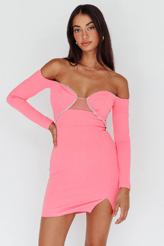 A-List Diamante Trim Long Sleeve Mini Dress Hot Pink Cashmere