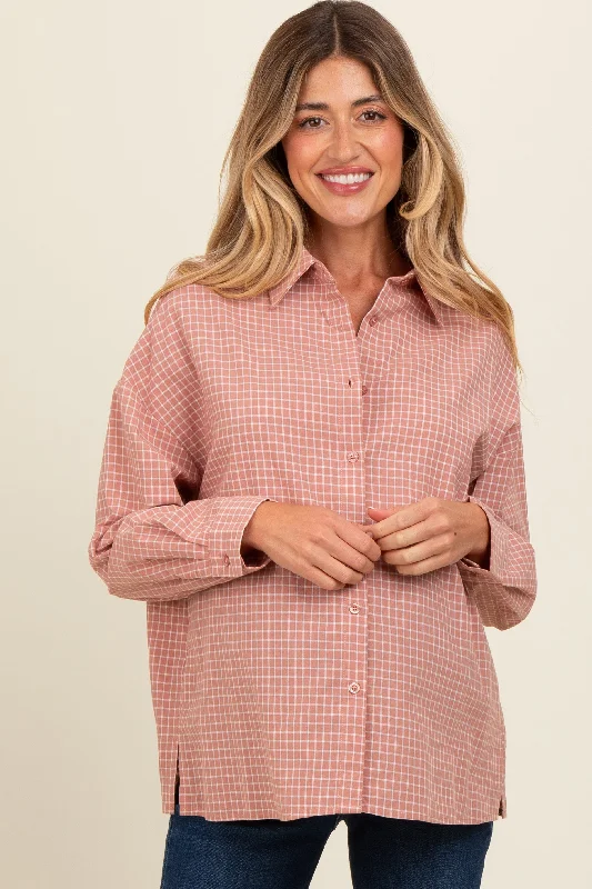 Pink Checker Plaid Button Down Maternity Shirt Country