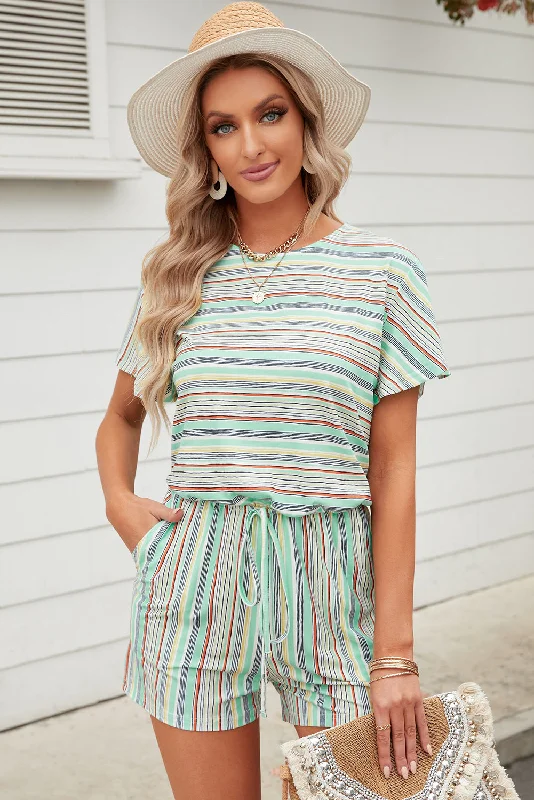 Rainbow Stripe Drawstring Waist Romper Practical Women's Multi - 