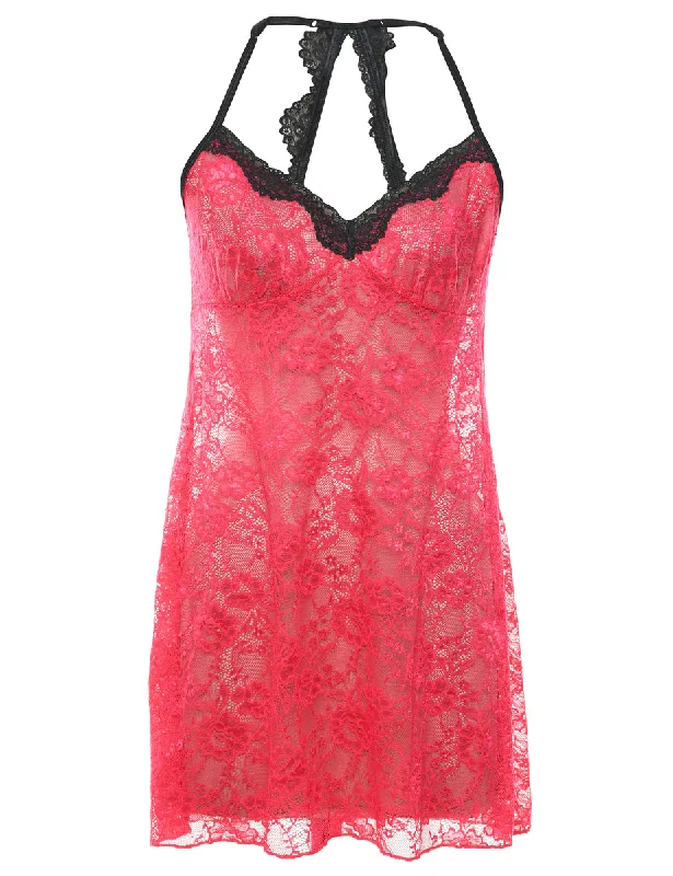 Hot Pink & Black Halterneck Lace Babydoll - M Tough Women's Military - inspired