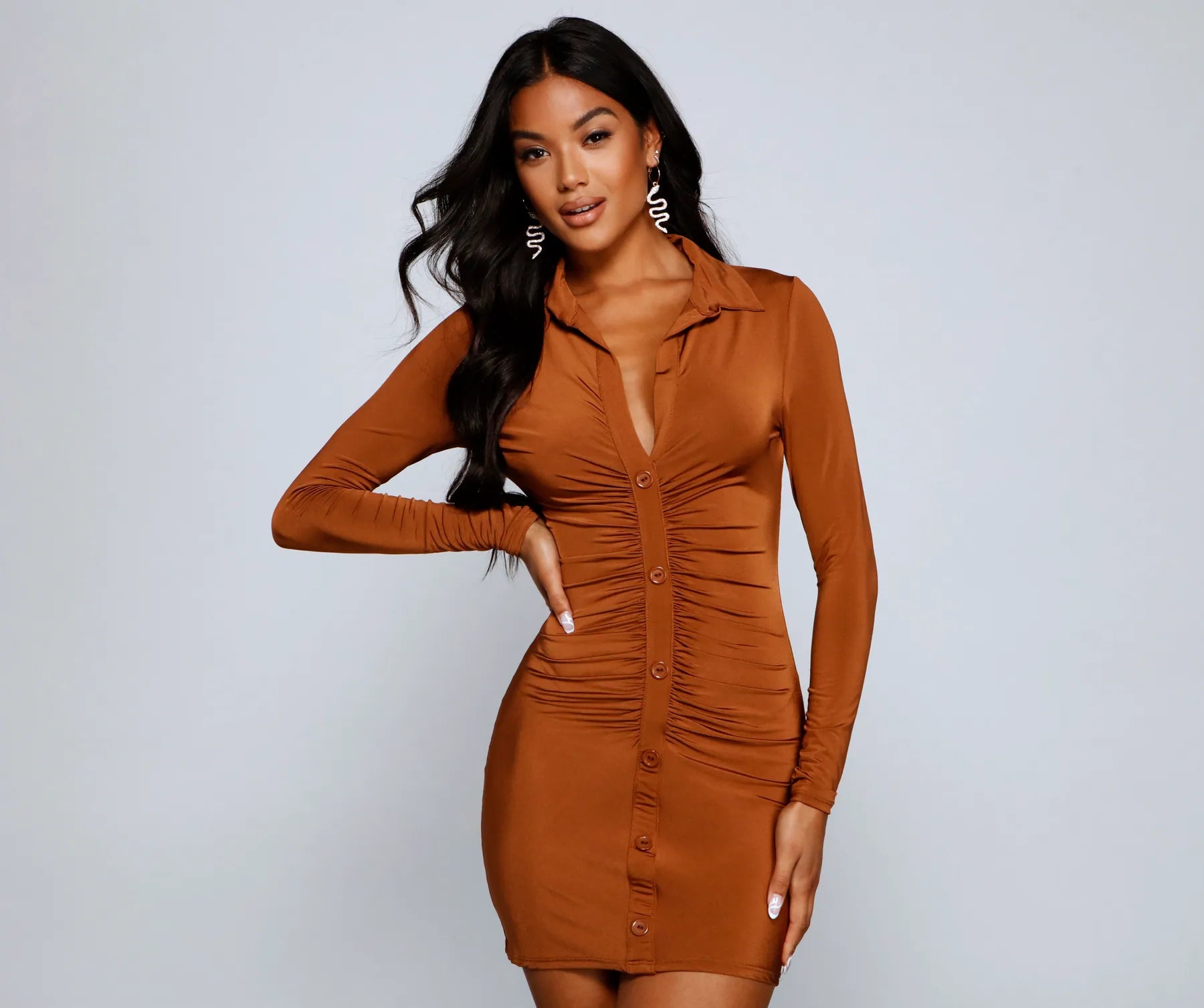 Classically Chic Button Up Mini Dress Sleek Women's Metallic