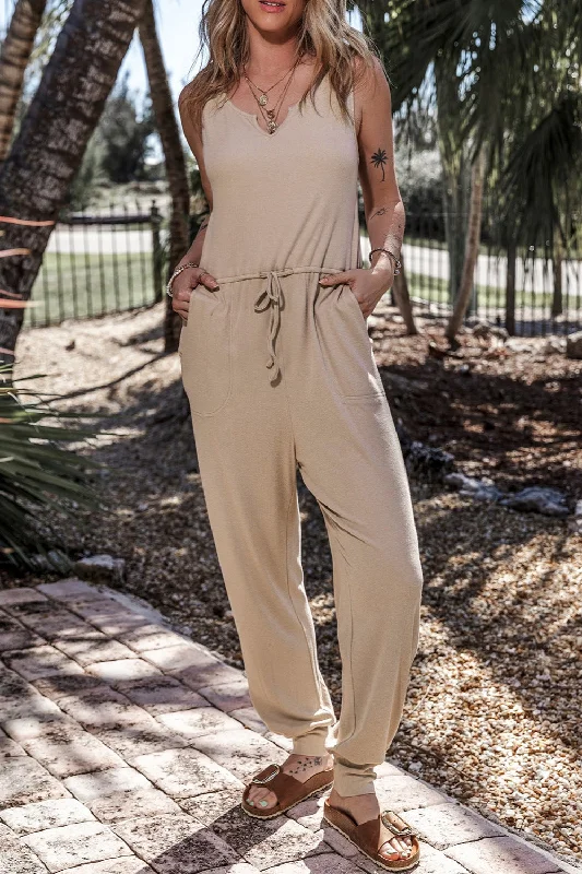 Drawstring Notched Wide Strap Jumpsuit Traditional Women's 