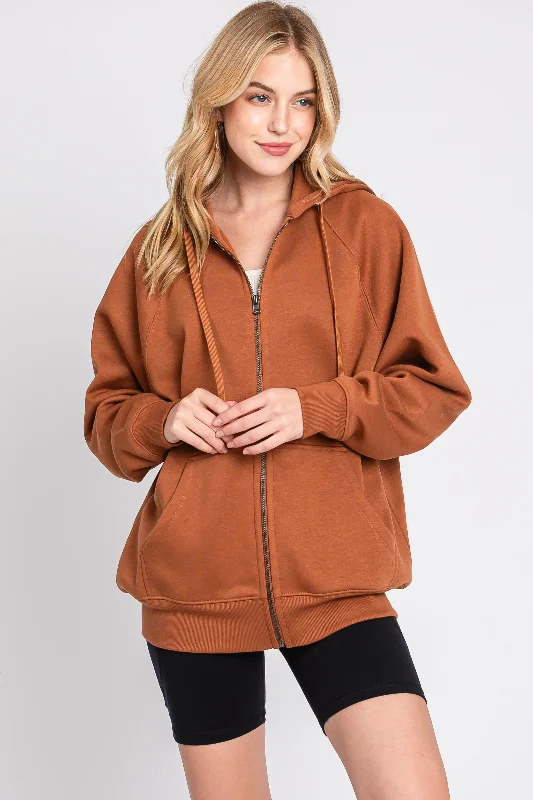 Camel Front Zipper Hooded Sweater Preppy Women's College