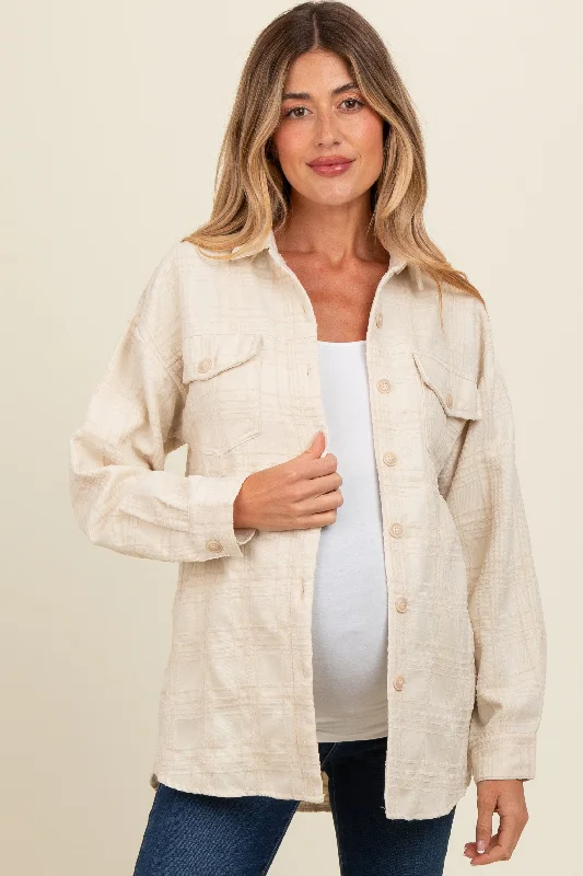 Ivory Plaid Textured Maternity Shirt Jacket Modern Women's 