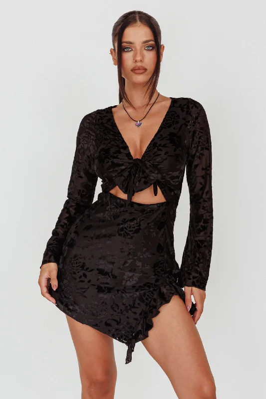 Adri Bust Tie Mini Dress Velvet Floral Black Casual Women's Japanese 