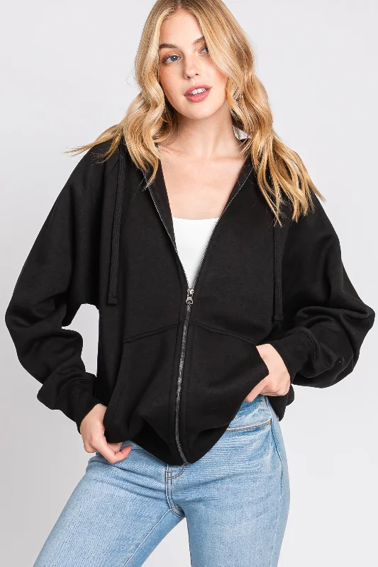 Black Front Zipper Hooded Sweater Youthful Women's Pop