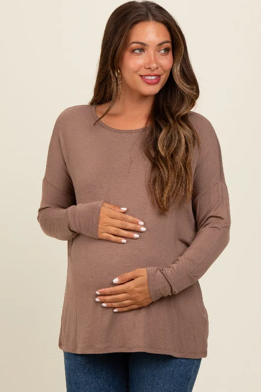 Mocha Drop Shoulder Maternity Long Sleeve Top Bold Women's Animal Print
