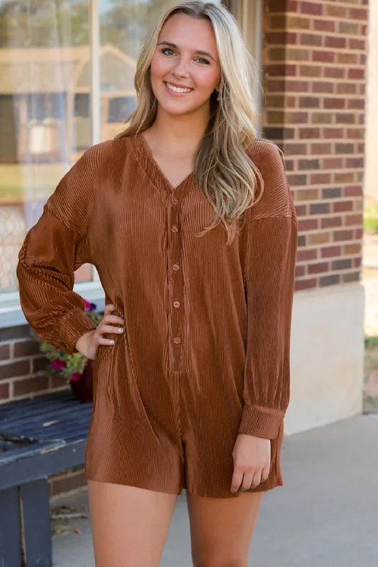 Ribbed V-Neck Half Buttoned Romper Sustainable Organic