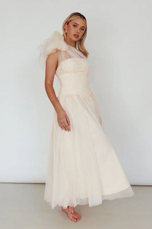 Let's Elope Bow Shoulder Midi Dress Butter Sleek Women's Metallic