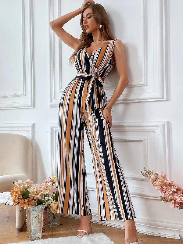 Striped Surplice Neck Sleeveless Wide Leg Jumpsuit purpose