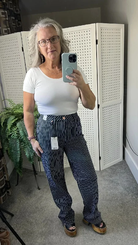 Judy Blue High Waist Tummy Control Striped Straight Trouser Jeans Sophisticated Women's Tailored
