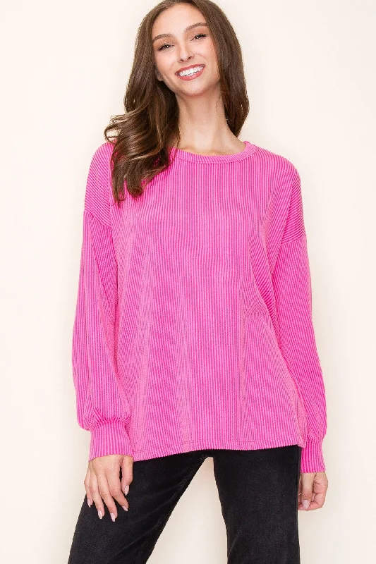 Fuchsia Ribbed Long Sleeve Top Athletic Women's 