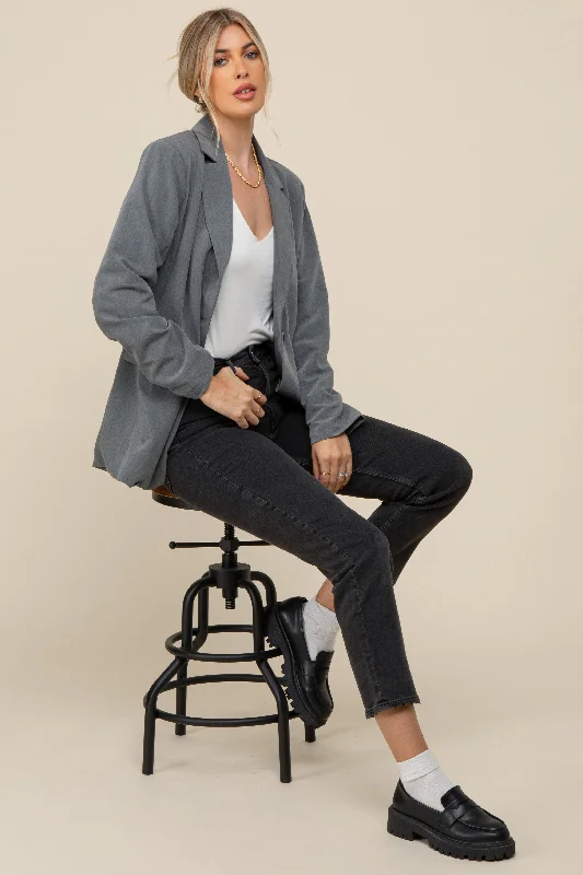 Heather Grey Oversized Twill Blazer Jacket Sleek Women's Metallic