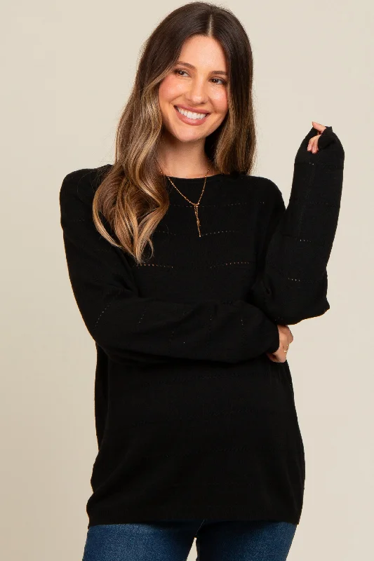 Black Knit Stitch Detail Long Sleeve Maternity Sweater Top Minimalist Women's Casual
