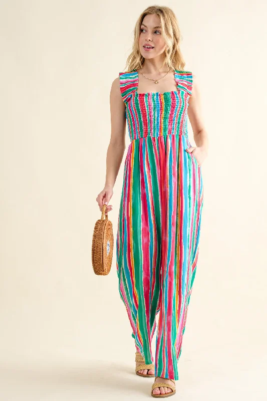 And The Why Full Size Striped Smocked Sleeveless Jumpsuit Business