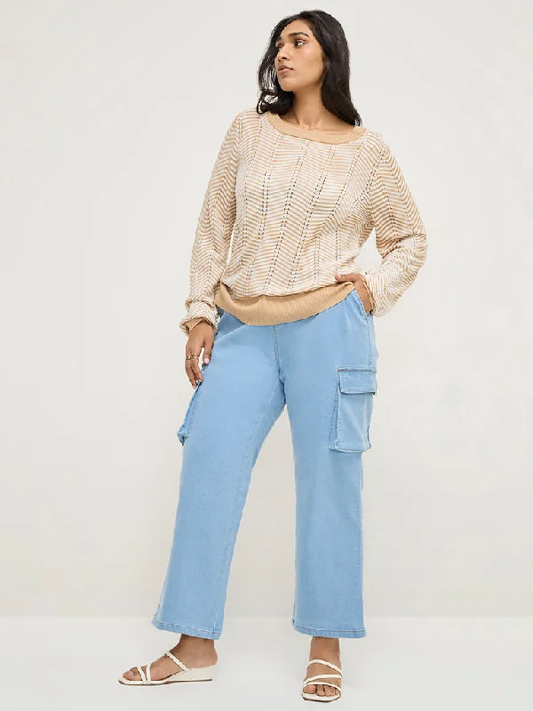 Gia Light Blue Cargo-Style Straight - Fit High - Rise Jeans Artistic Women's Hand - painted