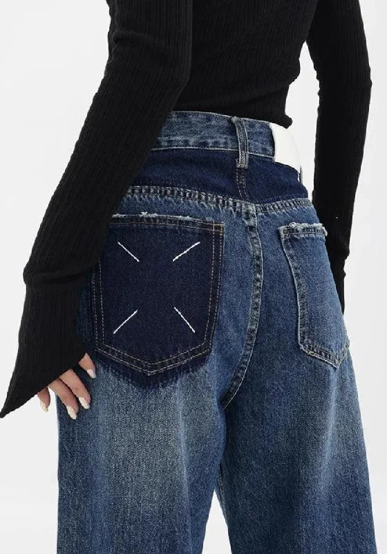 Patch Pocket Straight Leg Denim Jeans Stylish Women's Neon