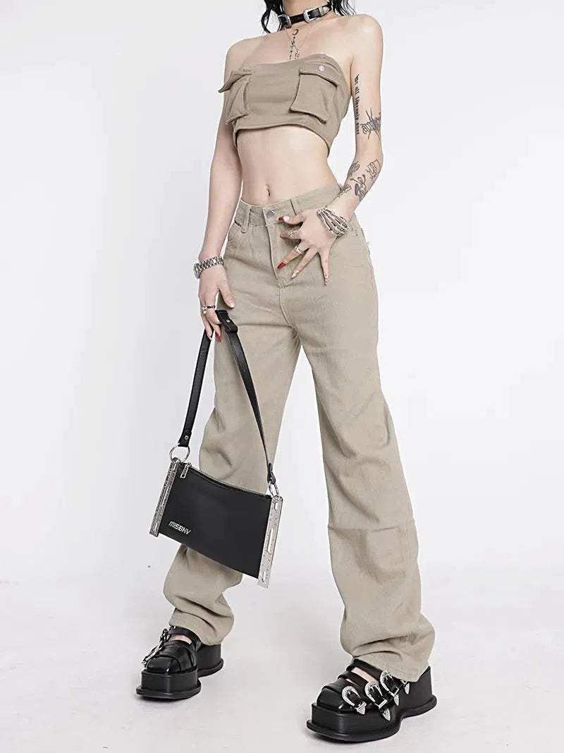Y2K Star Pockets High Waist Jeans Polished Women's Silk