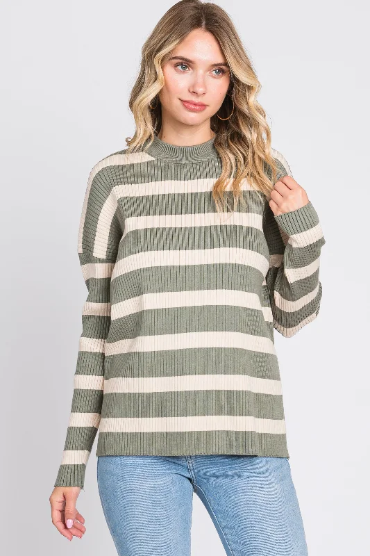 Olive Striped Ribbed Long Sleeve Top Practical Women's Multi - 