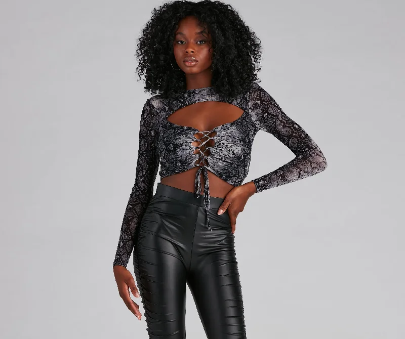 Snake It Mesh Lace-Up Top Sophisticated Women's Tailored