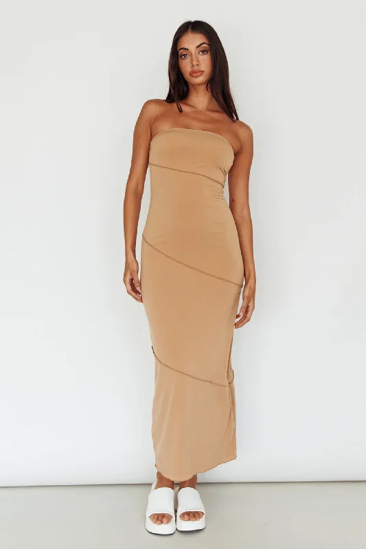 Making Headlines Strapless Midi Dress Camel Modern Women's 