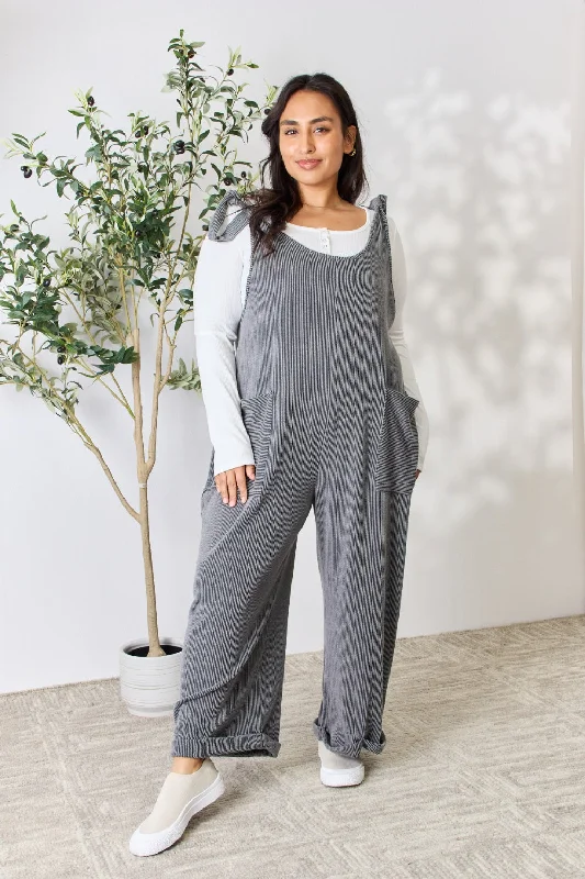 Celeste Full Size Ribbed Tie Shoulder Sleeveless Ankle Overalls Feminine Women's Style 