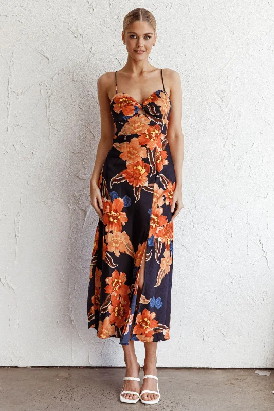 Missoula Cami Strap Padded Bust Midi Dress Flower Orange Sporty Women's Athleisure 