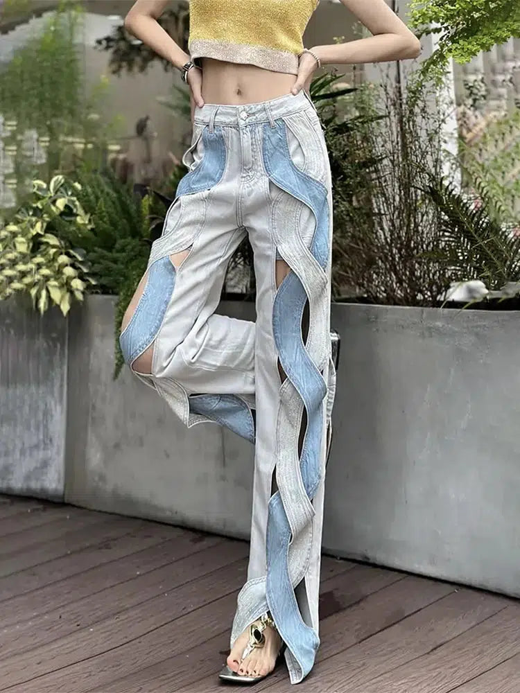 Cut Out Patch Denim Jeans Feminine Women's Soft 